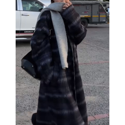 D YANGJUN autumn and winter Korean style over-the-knee retro long loose plaid woolen wool coat for women