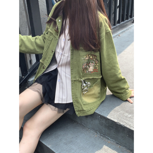 Korean style avocado green embroidered design denim cardigan for women in autumn loose lazy style high-end long-sleeved coat