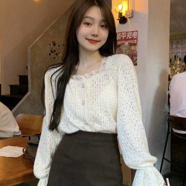 秋冬大碼女裝甜美泡泡袖蕾絲衫法式溫柔風上衣M-4XL200斤