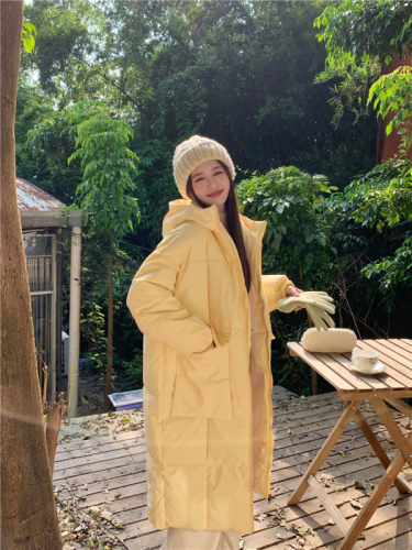 Real shot ~ Creamy yellow medium-length cotton jacket for women 2023 winter new style hooded thickened over-the-knee bread jacket