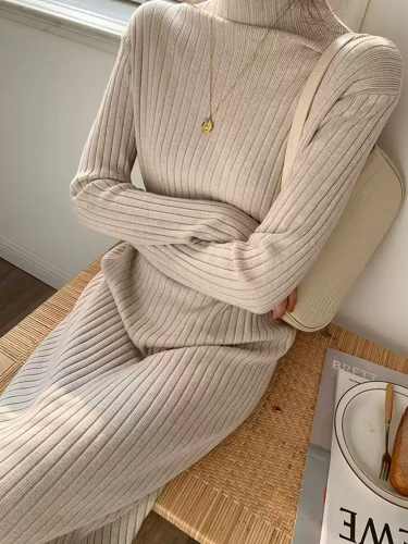 Korean style knitted dress for women in autumn and winter, half turtleneck, casual long sweater skirt, bottoming long skirt