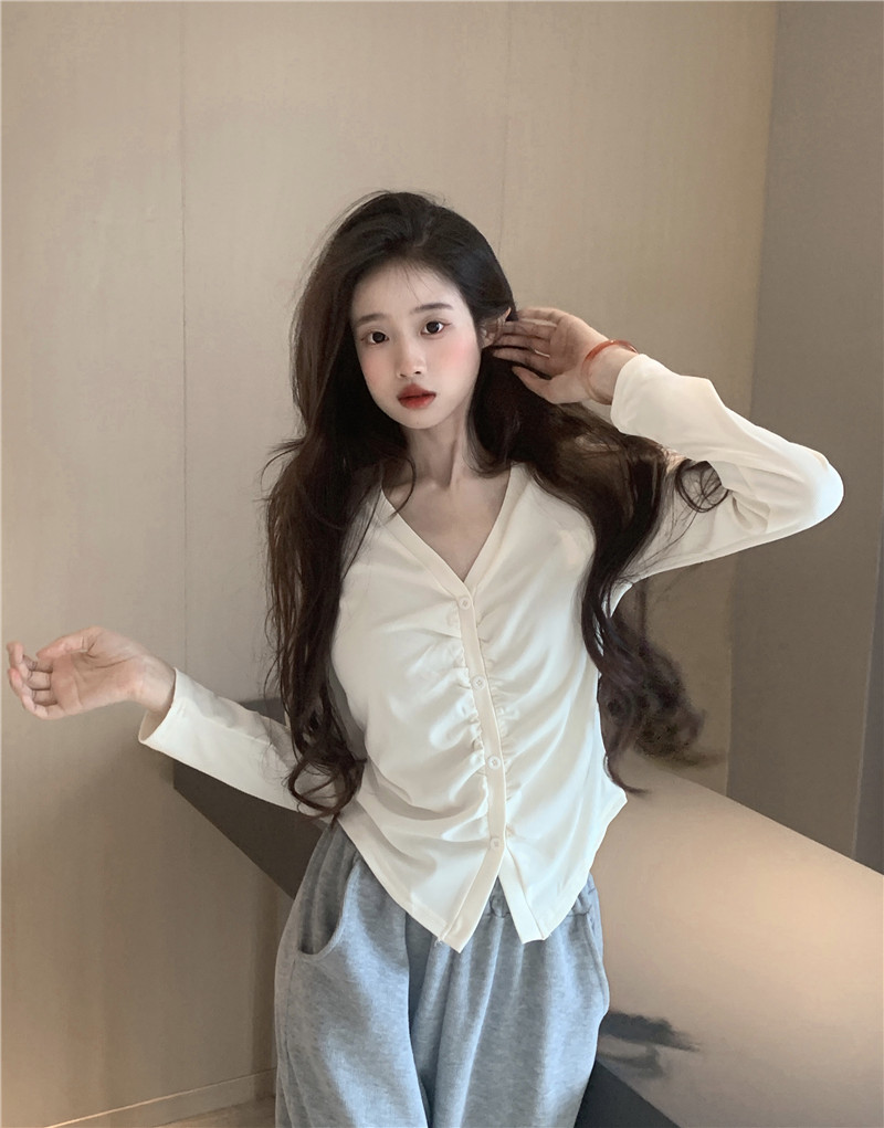 Actual shot ~ 2023 autumn design pleated long-sleeved T-shirt slim V-neck pure sexy hot girl bottoming top
