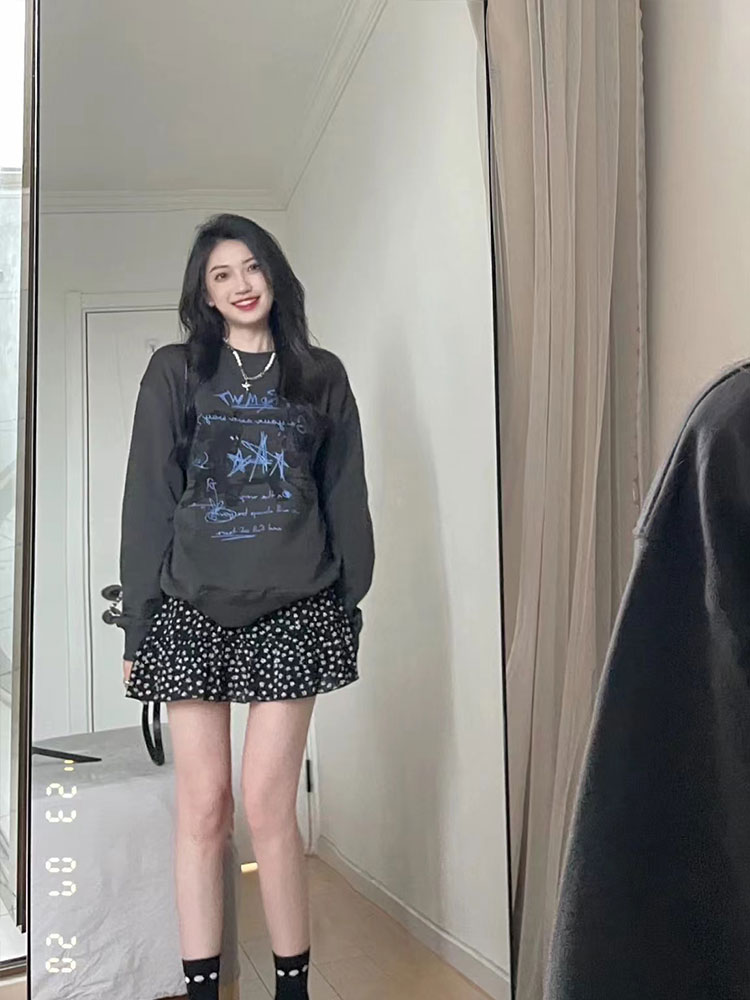 純棉 加絨 美式慵懶風小眾印花寬鬆百搭休閒衛衣