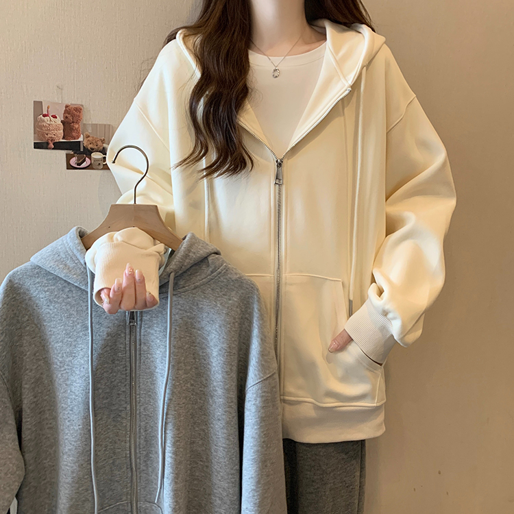 300克華棉複合牛奶絲拉鏈連帽衛衣女潮寬鬆中長款外套