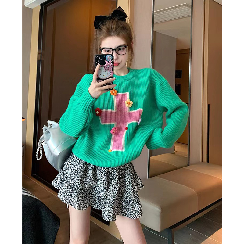重工拼色立體花朵毛衣女2023秋冬新款加厚甜美減齡氣質針織衫上衣
