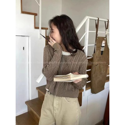 韓國東大門同款麻花毛衣外套女裝秋款圓領雙拉鏈針織開衫短上衣