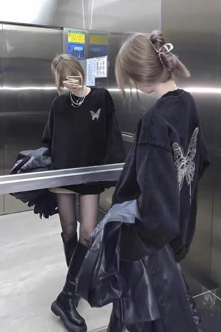 純棉華棉複合牛奶絲330克前後印花水洗做舊復古圓領衛衣女