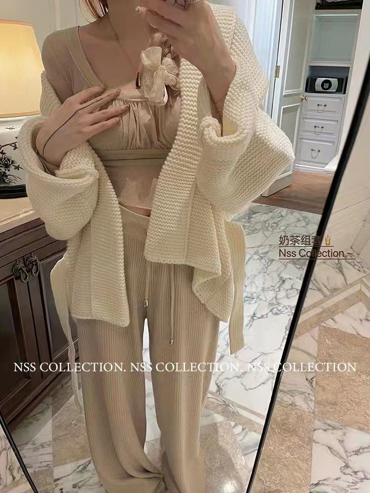 Korean style autumn and winter thick silhouette waist knitted cardigan mid-length belted sweater jacket