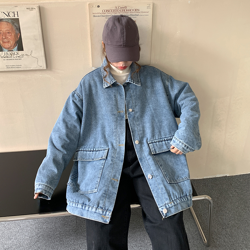 實拍~加絨加厚牛仔外套女秋冬季寬鬆原宿bf風復古牛仔外套潮