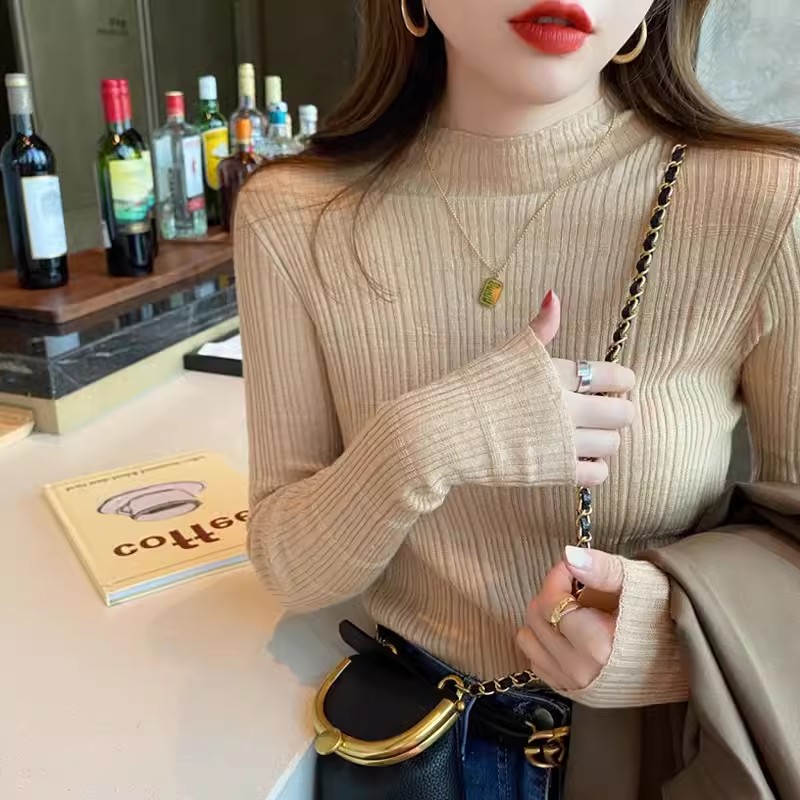 半高領打底衫女春秋薄款長袖百搭毛衣洋氣內搭修身顯瘦針織衫上衣
