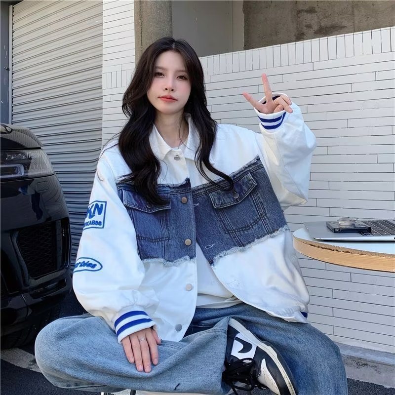 美式拼接牛仔棒球服春秋季新款寬鬆韓版學生百搭刺繡開衫外套女潮