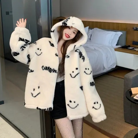 Hong Kong style student chic street cardigan sweatshirt for women autumn and winter plus size fat girl lazy style imitation fur coat trendy