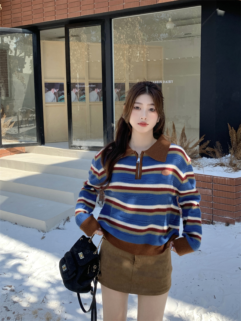 實拍 秋冬復古條紋撞色套頭Polo領慵懶風寬鬆長袖毛衣上衣女