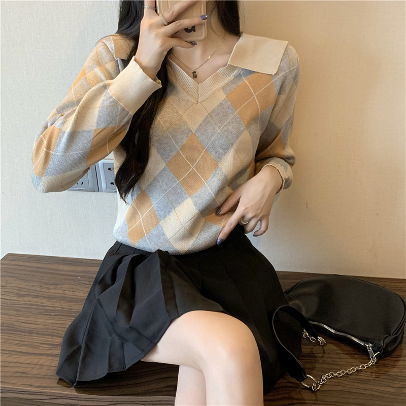 實拍 學院風翻V領撞色菱格長袖針織打底衫T恤上衣女