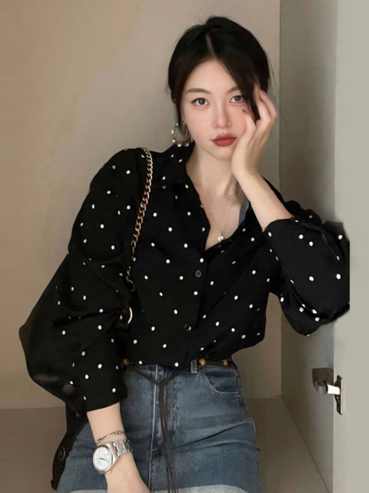 韓國chic復古赫本風翻領撞色波點設計寬鬆休閒百搭長袖襯衫女