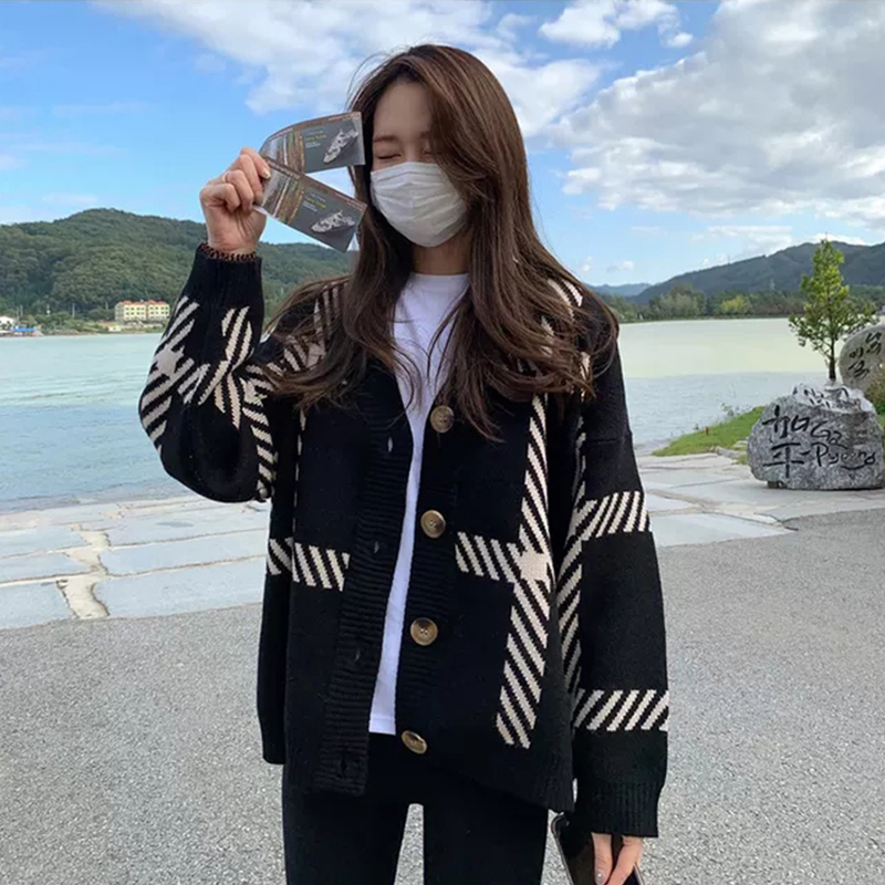 黑色條紋針織開衫女春秋2023新款韓版寬鬆慵懶風簡約百搭毛衣外套