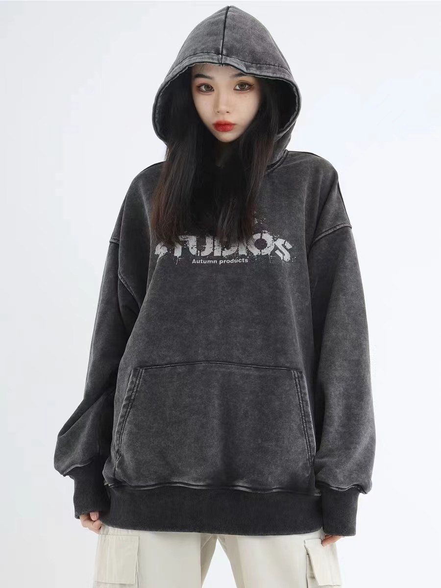 國潮牌情侶美式復古水洗做舊加絨連帽衛衣男女