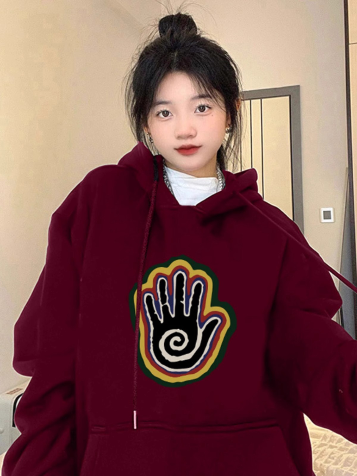 CVC cotton pasta wool Chinese cotton composite/milk silk 300g silver fox velvet 400g front printed hooded sweatshirt for women
