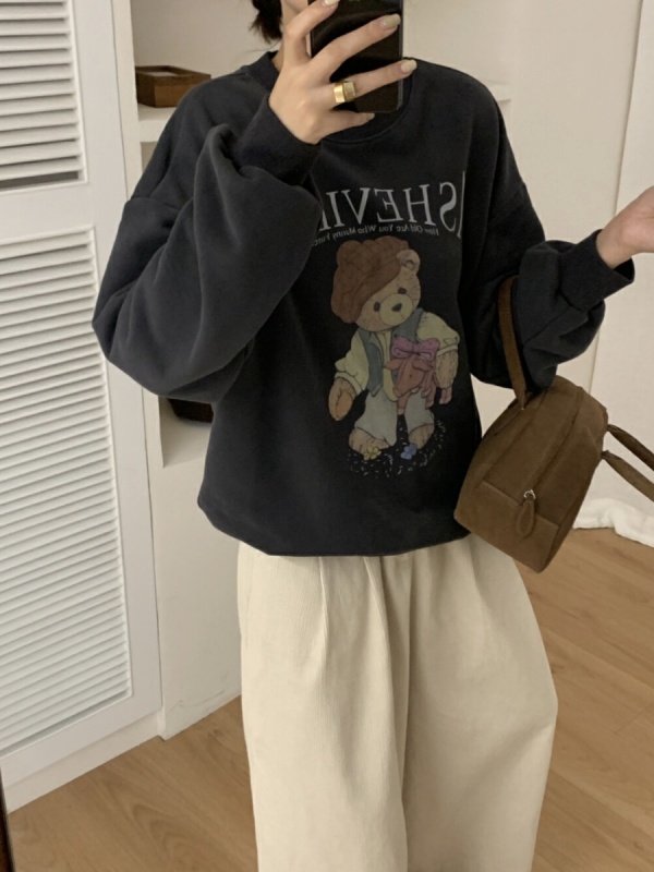 2023 Korean Dongdaemun svenmeter autumn and winter new round neck cute bear comfortable lazy style sweatshirt for women