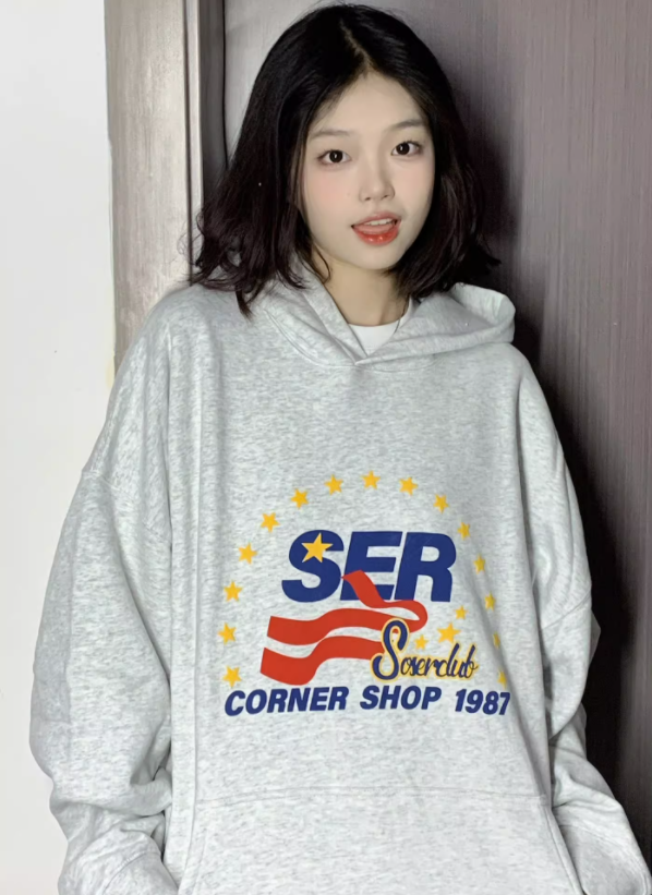 純棉 加絨 美式慵懶風寬鬆百搭小眾印花連帽衛衣