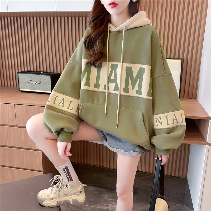 Actual shot of new winter Korean style loose bag collar composite hooded embroidered mid-length large size velvet sweatshirt for women