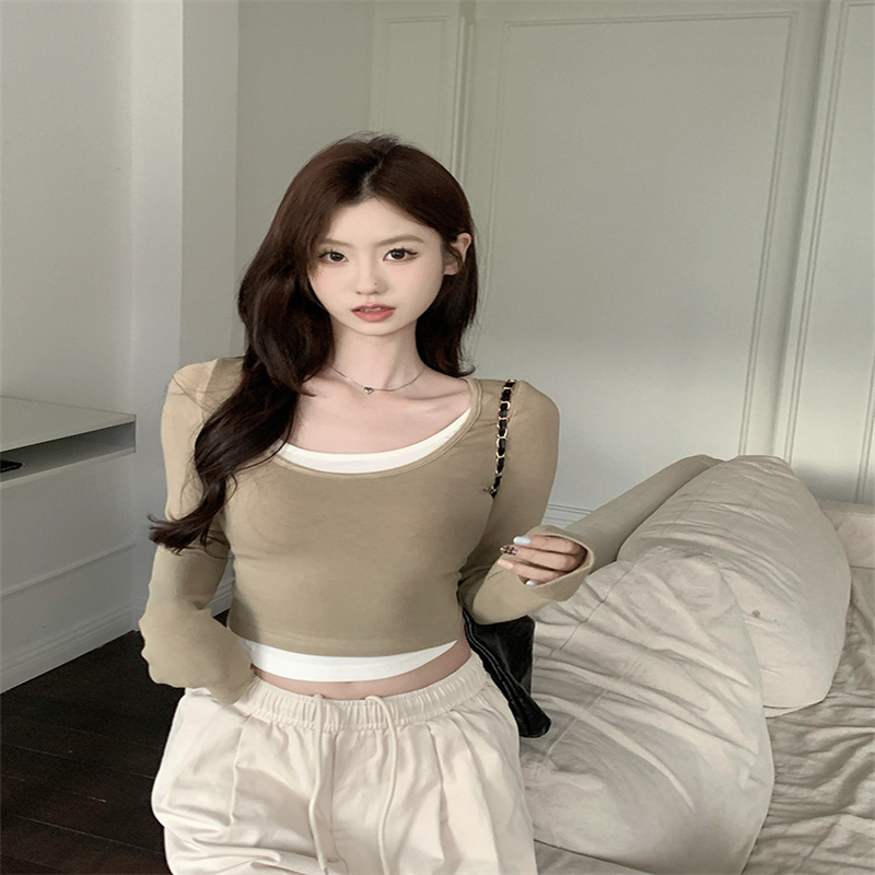 Plush velvet and thickened fake two-piece long-sleeved T-shirt for women in autumn with chest pad, slim and slim inner layering, short top with bottoming shirt