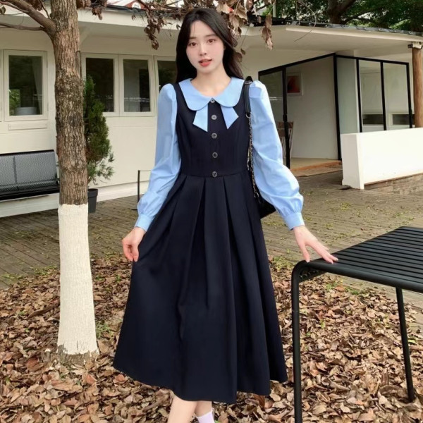學院風減齡少女連衣裙2023秋裝新款設計感撞色別致顯瘦氣質溫柔裙