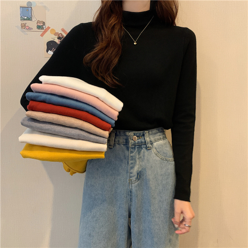 Actual shot of Western-style ins solid color slim-fit bottoming shirt for women, versatile long-sleeved turtleneck bottoming shirt and sweater