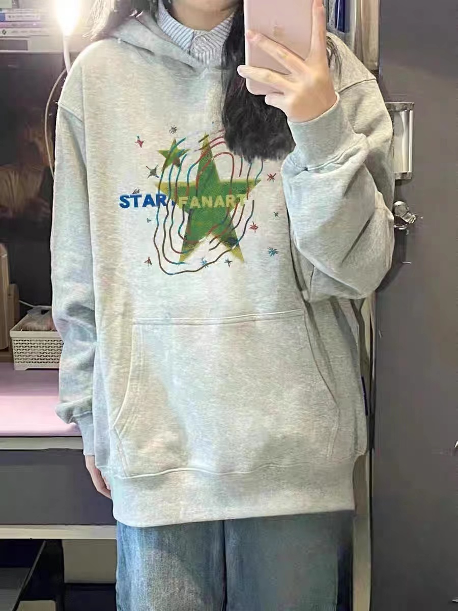 純棉 加絨 美式慵懶風五角星印花寬鬆百搭連帽衛衣