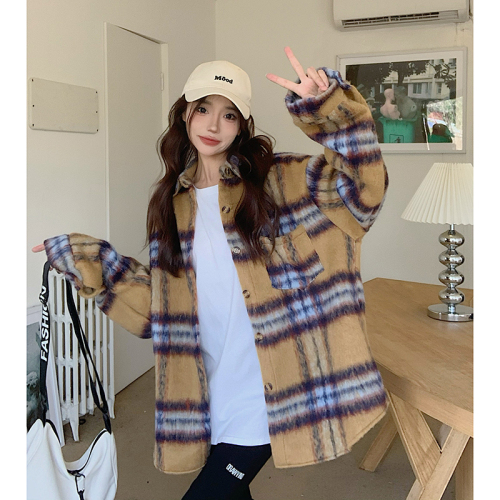 Real shot plaid woolen shirt coat women's autumn and winter loose mid-length thickened woolen coat
