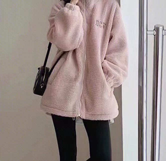 小眾獨特别致粉色羊羔毛外套女秋冬2023新款上衣
