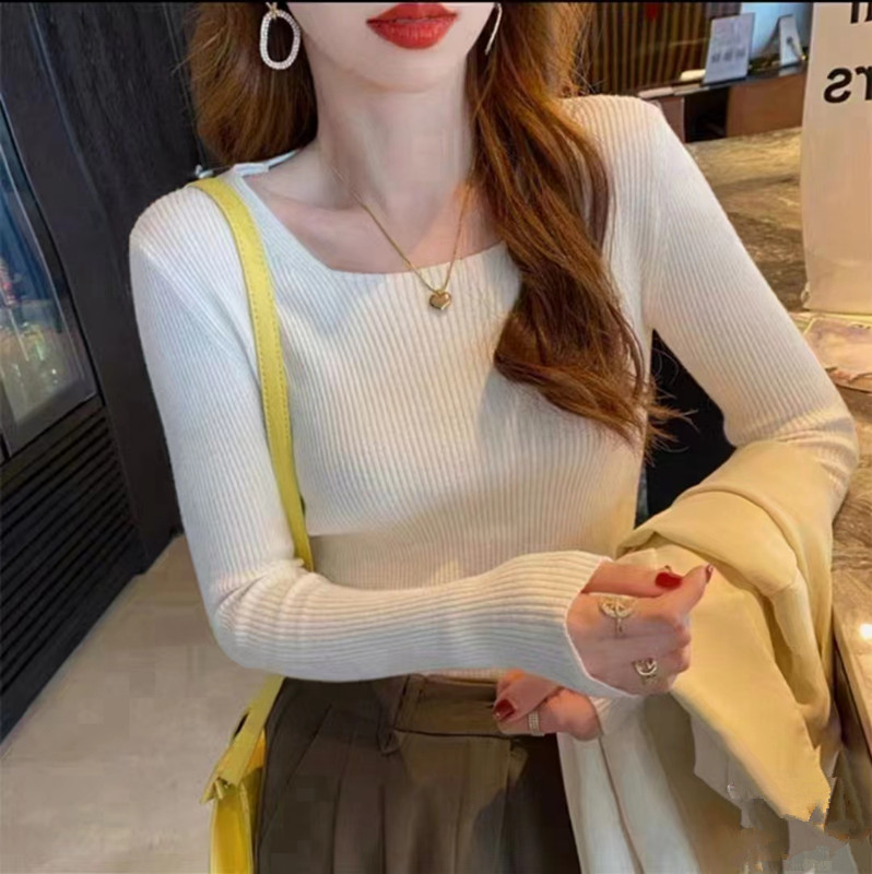 Early autumn tops for women, new square-neck long-sleeved sweaters, slim-fitting inner layering shirts, Korean-style Western-style sweaters