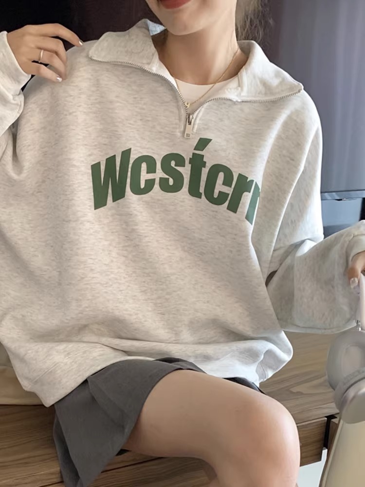 CVC棉麵食毛華棉複合薄款300克/加絨400克前 印花翻領衛衣女