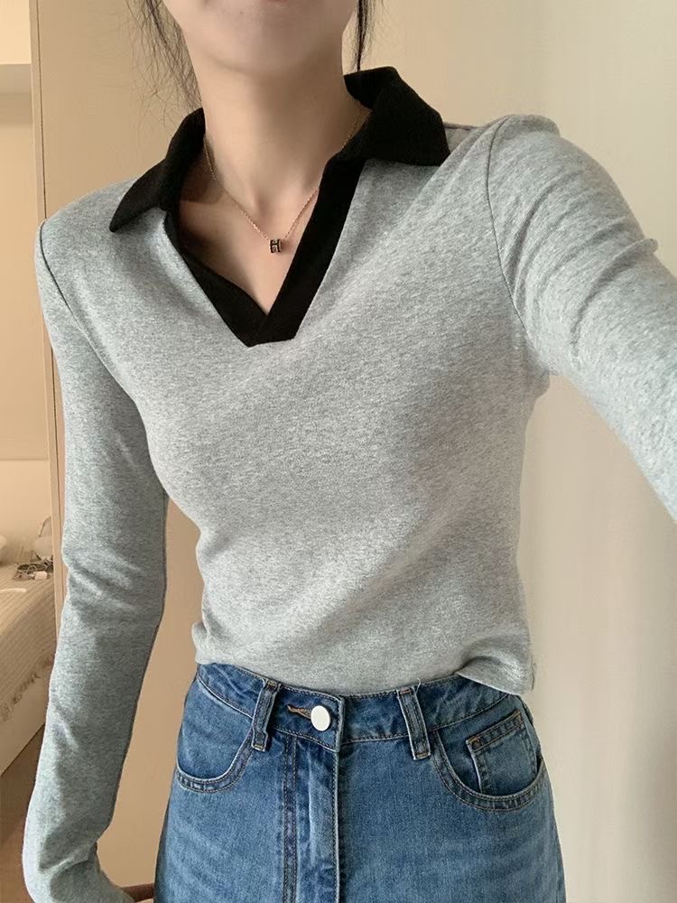 Guo Jiujiu pure cotton polo collar pure cotton long-sleeved T-shirt summer contrasting design basic versatile top