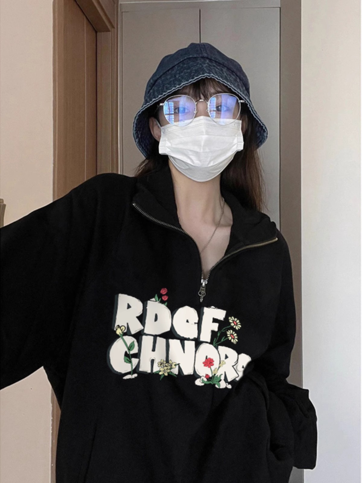 CVC棉麵食毛華棉複合薄款300克/加絨400克前 印花翻領衛衣女
