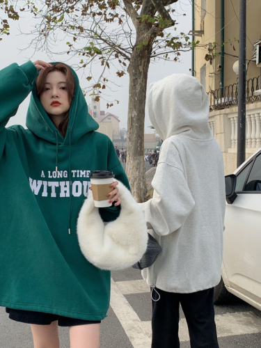 Real shot Korean style loose velvet thickened oversize hooded sweatshirt for women