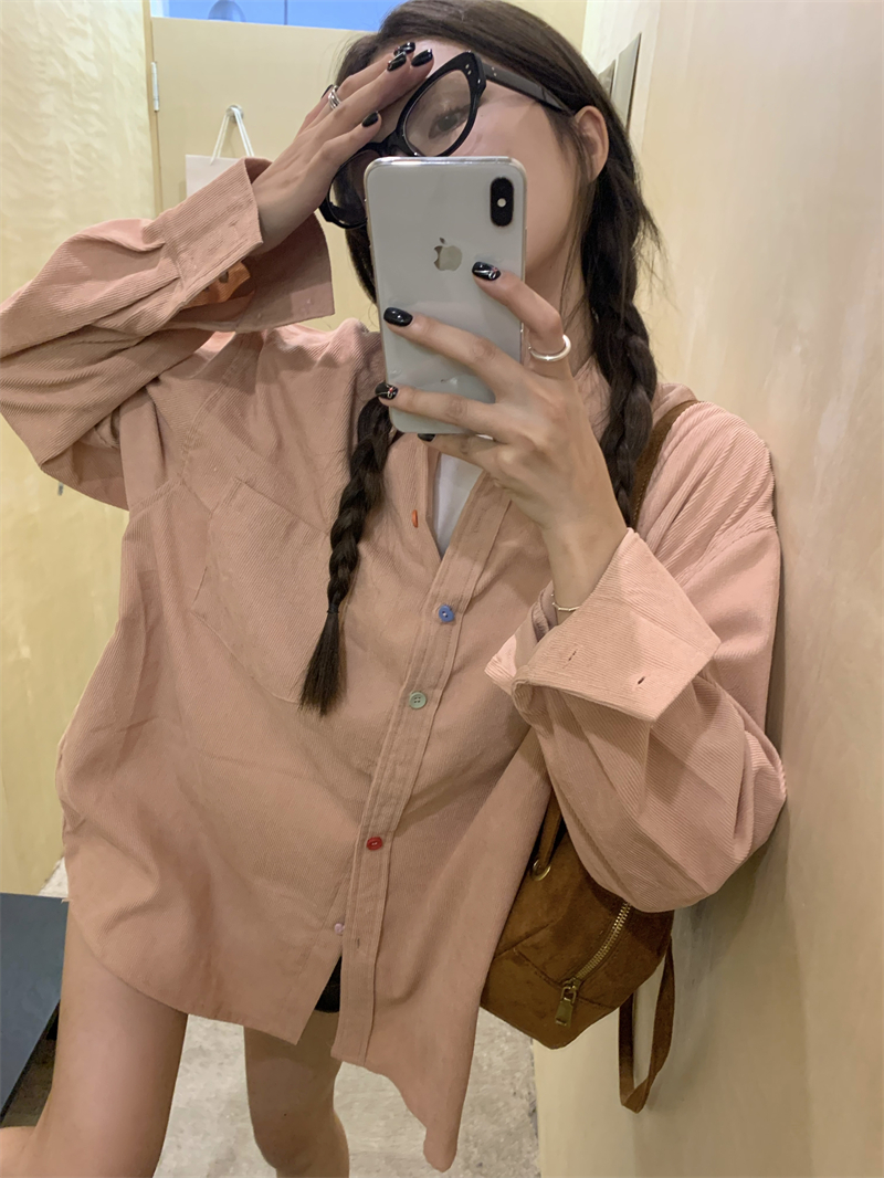 實拍~慵懶風糖果扣寬鬆燈芯絨長袖襯衫襯衣