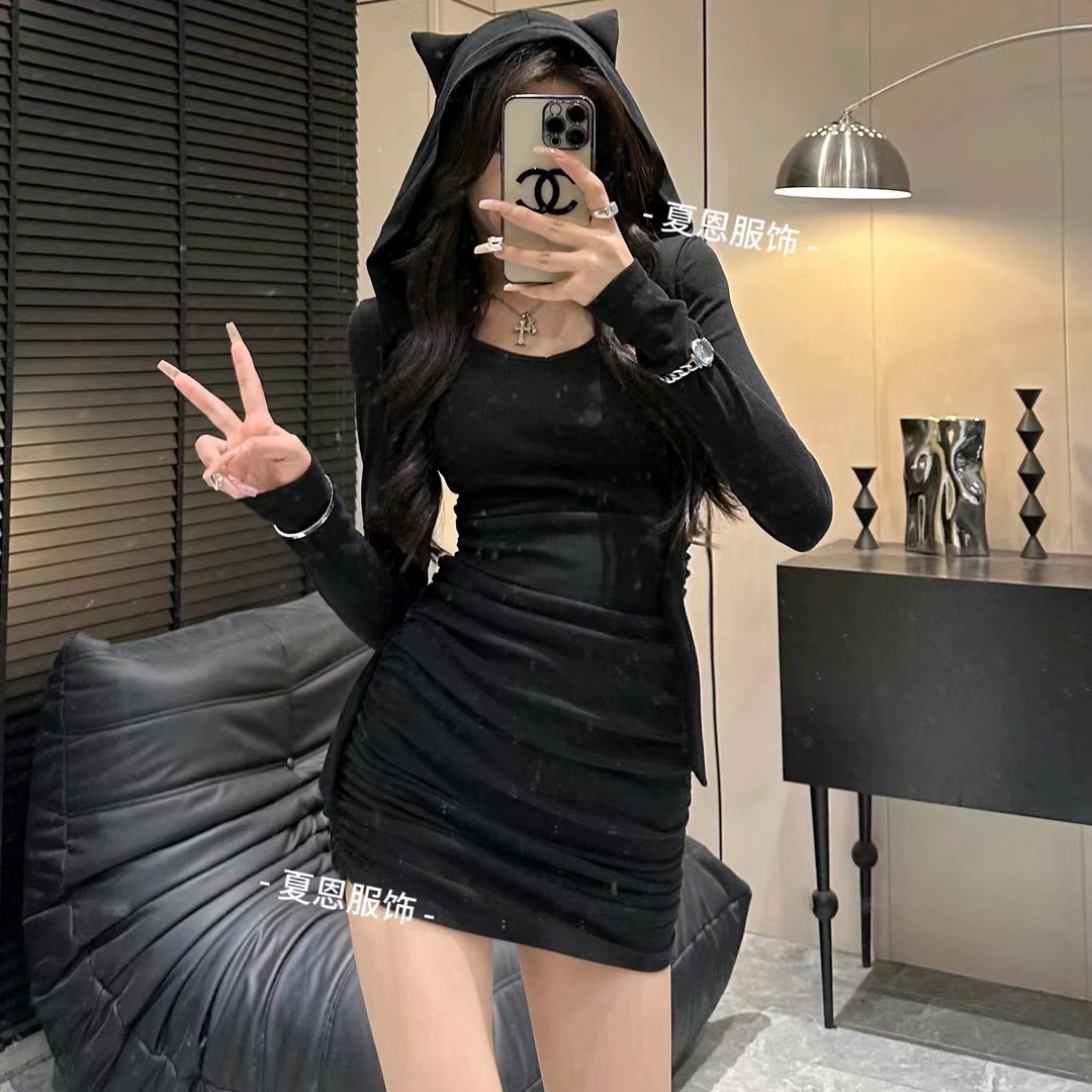 辣妹終結者廢土風連帽連衣裙女設計感抽褶純欲修身裙子