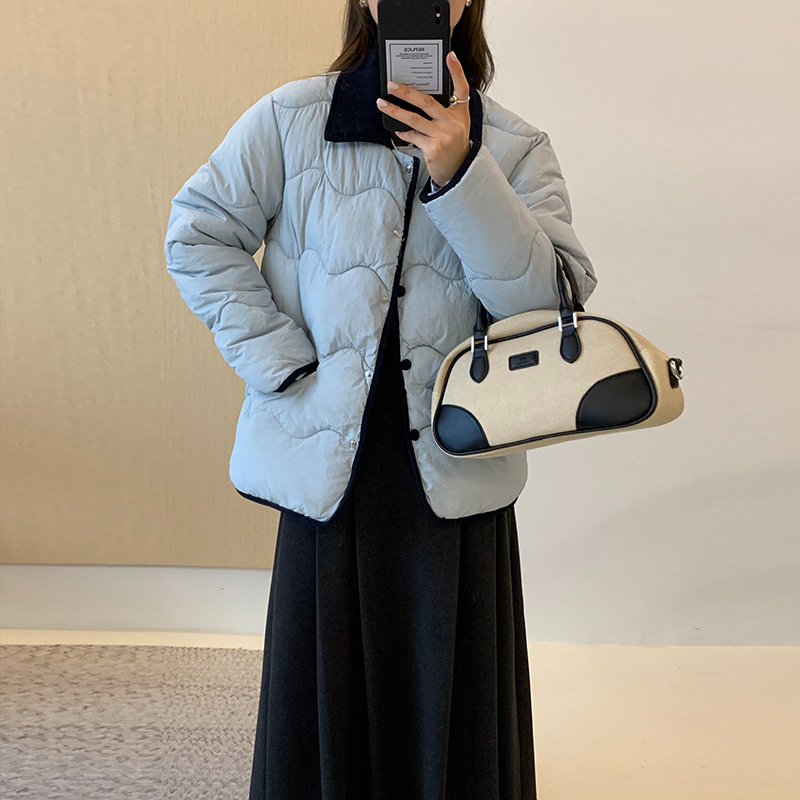 Real shot of ins light down cotton jacket for women corduroy lapel short style fashionable casual cotton coat winter