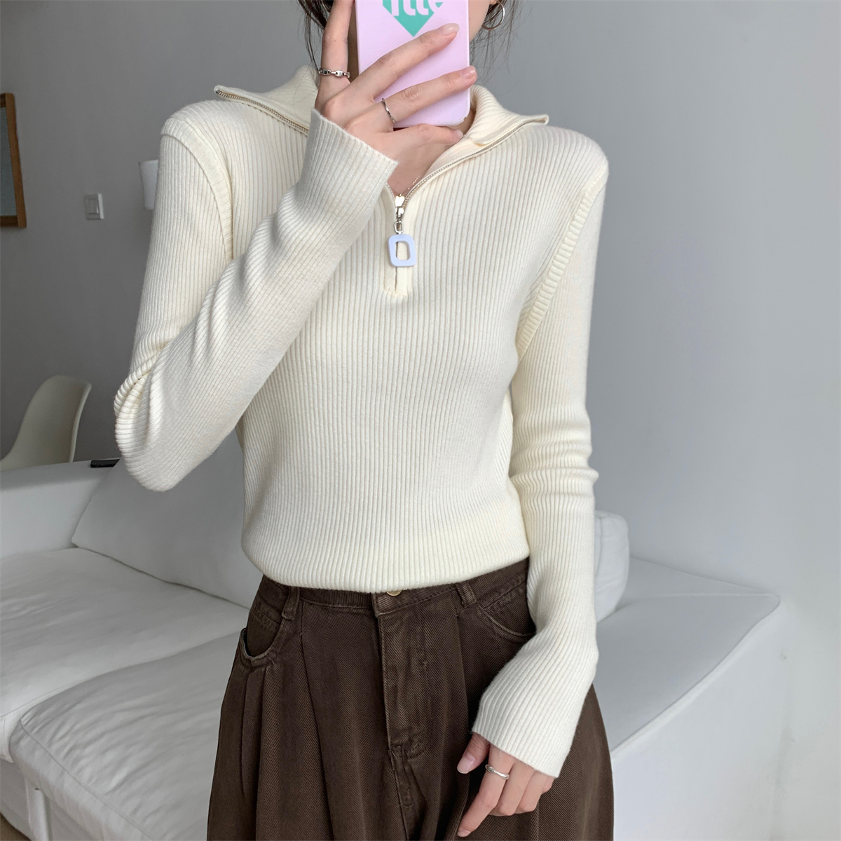 實拍 秋冬韓版拉鏈翻領別致設計感安迪絨修身針織打底女毛衣