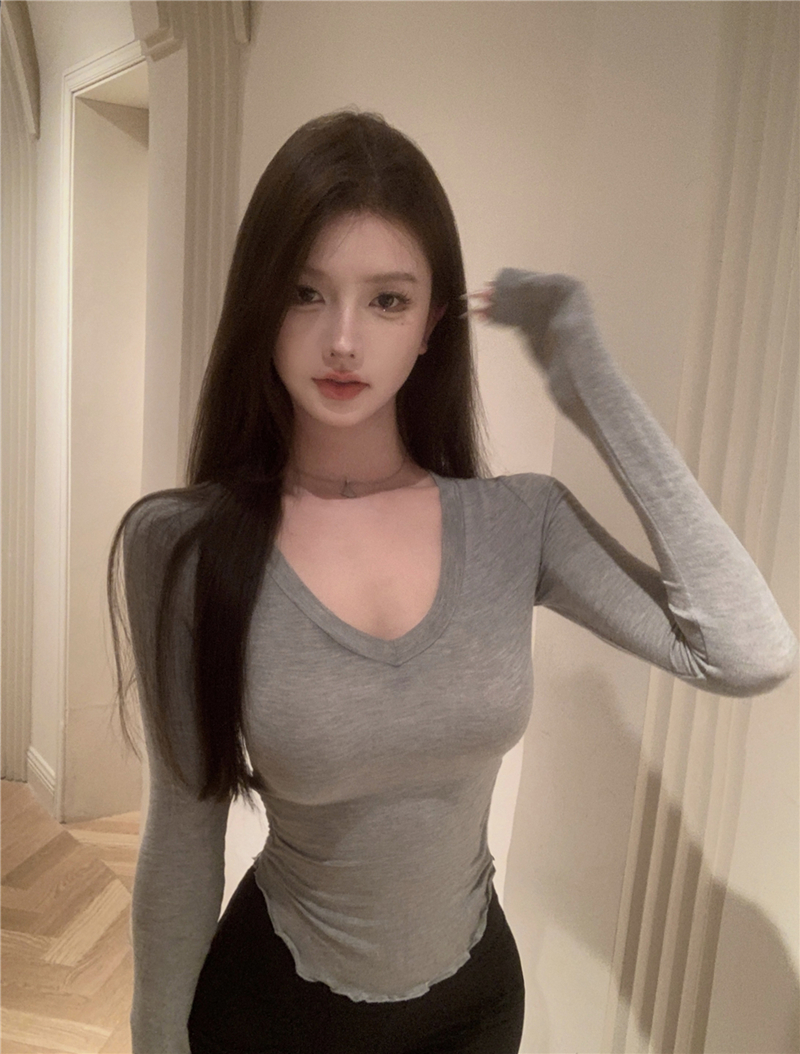 實拍秋季性感純色針織打底修身顯瘦收腰V領內搭長袖T恤女