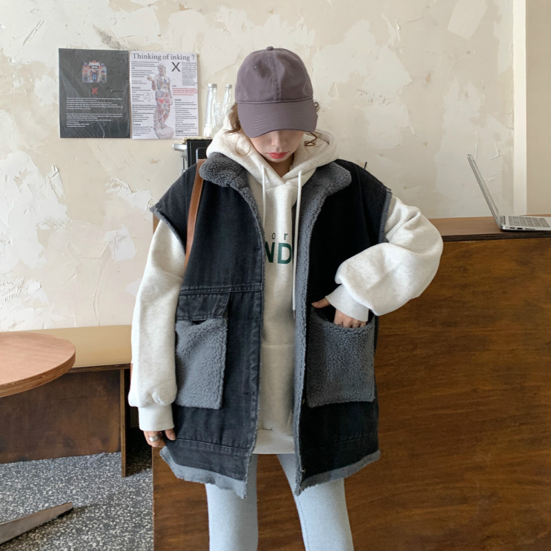 實拍~秋冬時尚羊羔毛拼接牛仔馬甲女寬鬆口袋坎肩馬夾外套女