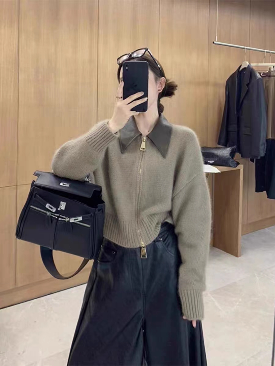 Designed leather double zipper knitted jacket autumn women's 2023 fashionable lady foreign style short soft waxy sweater cardigan