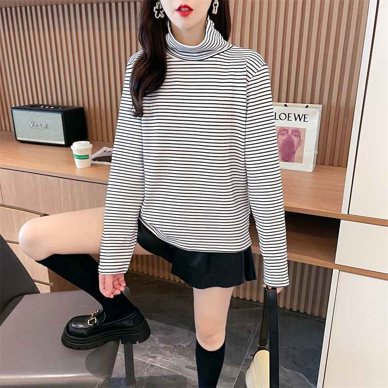 Real shot of cotton German velvet autumn new high-neck long-sleeved T-shirt for female students, trendy internet celebrity, same style