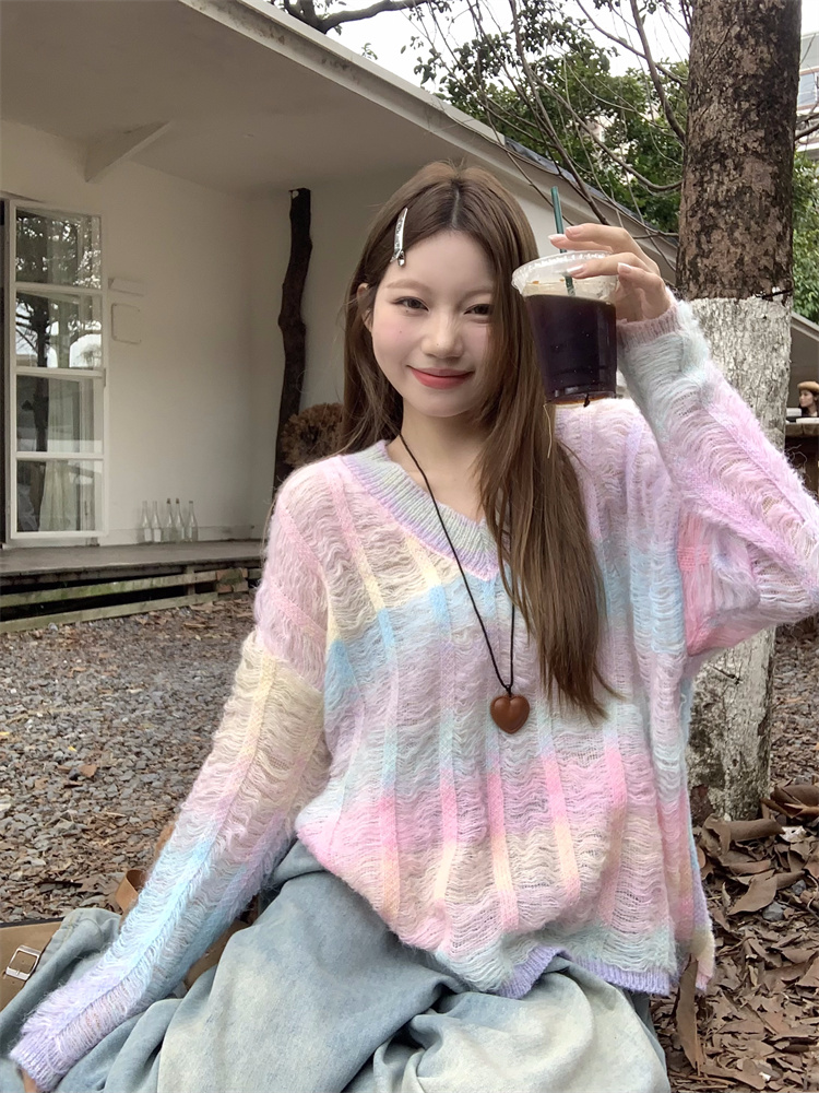 實拍！彩虹漸變色V領毛衣套頭波浪提花針織上衣