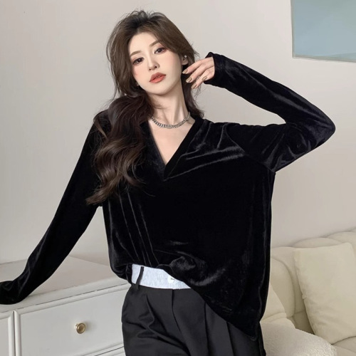 Gold velvet long-sleeved T-shirt for women in autumn and winter, high-end, loose, mid-length, bottoming shirt top