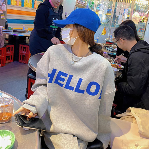 原宿BF加絨加厚套頭圓領衛衣女學生鹽系寬鬆上衣秋冬季外套慵懶風