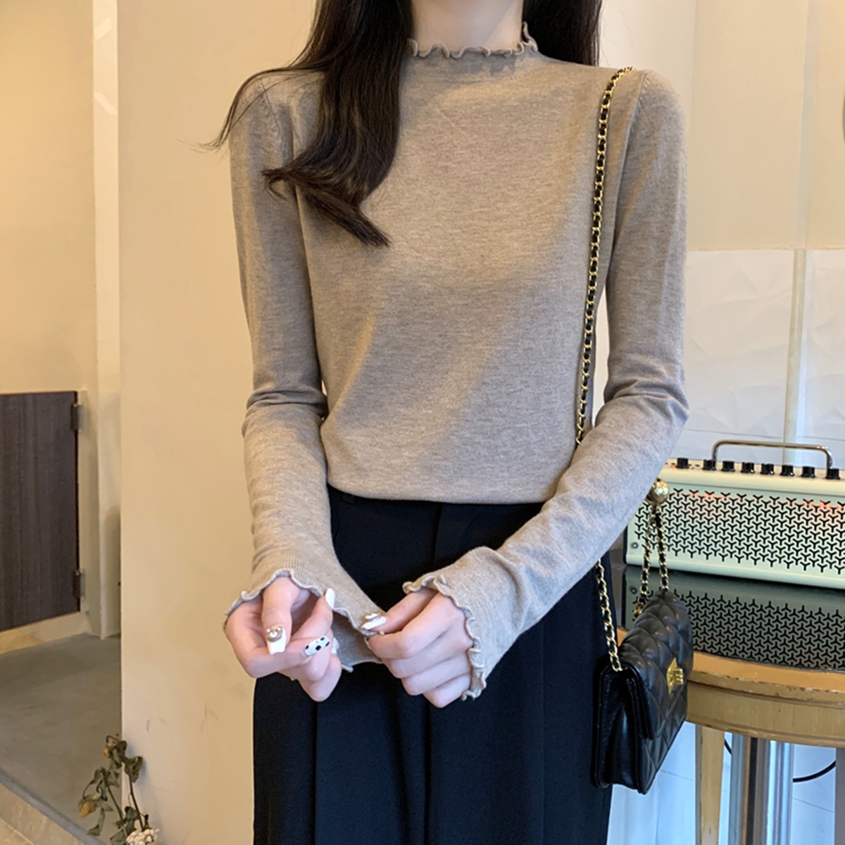 實拍 秋冬韓版百搭半高領木耳邊純色內搭針織打底衫女毛衣