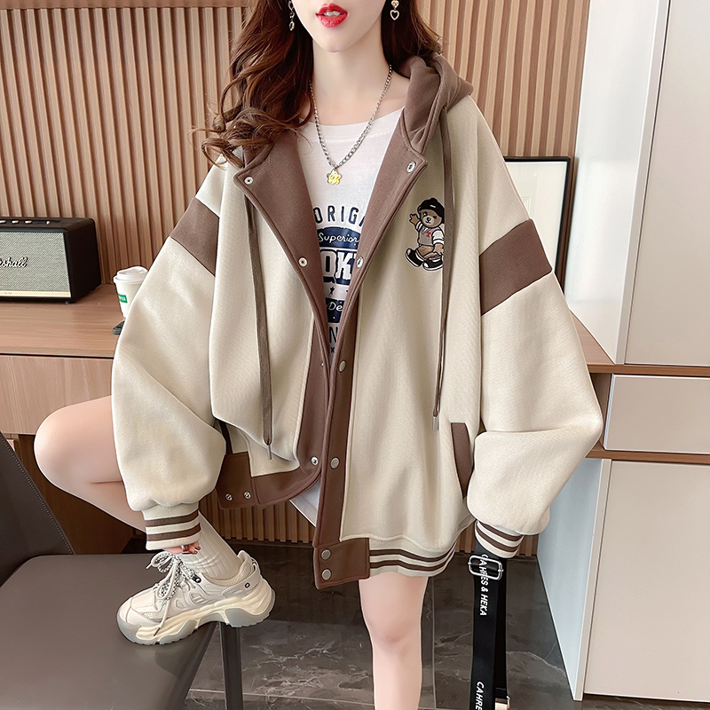 實拍 加絨寬鬆連帽棒球服外套女秋冬小眾撞色拼接卡通刺繡開衫