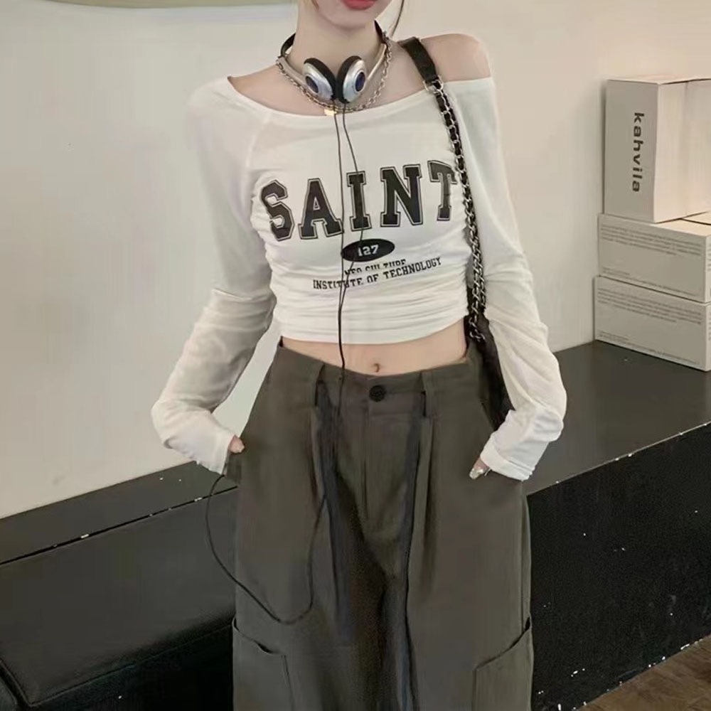 One-shoulder long-sleeved T-shirt for women 2023 summer American retro all-match hot girl sun protection blouse slim short top